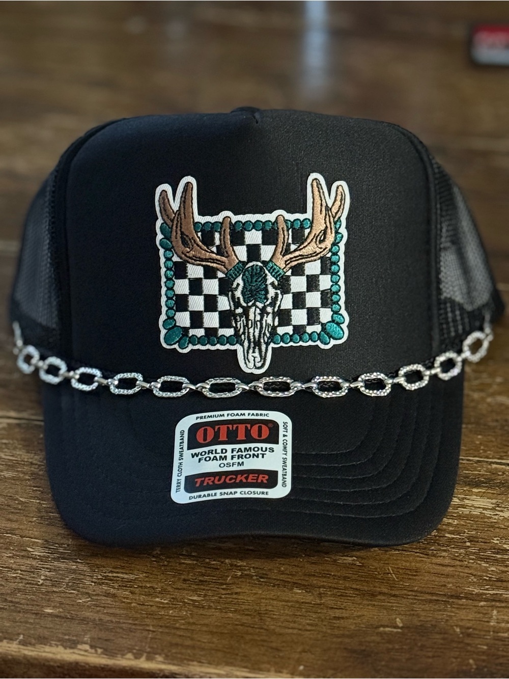 OTTO Black Trucker Hat with Checker Deer Skull Patch and Chain